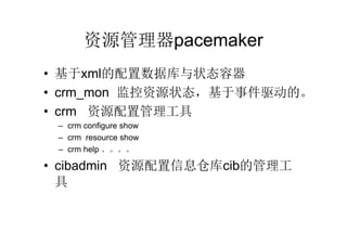 资源管理器pacemaker
• 基于xml的配置数据库与状态容器
• crm_mon 监控资源状态，基于事件驱动的。
• crm 资源配置管理工具
 – crm configure show
 – crm resource show
 – crm help 。。。。

• cibadmin 资源配置信息仓库cib的管理工
  具
 