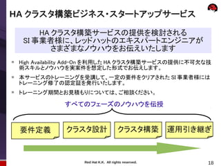 HA クラスタ構築ビジネス・スタートアップサービス

         HA クラスタ構築サービスの提供を検討される
     SI 事業者様に、レッドハットのエキスパートエンジニアが
            さまざまなノウハウをお伝えいたします

    High Availability Add-On を利用した HA クラスタ構築サービスの提供に不可欠な技
    術スキルとノウハウを実案件を想定した形式でお伝えします。
   本サービスのトレーニングを受講して、一定の要件をクリアされた SI 事業者様には
    トレーニング修了の認定証を発行いたします。

    トレーニング期間とお見積もりについては、ご相談ください。

                すべてのフェーズのノウハウを伝授


    要件定義         クラスタ設計                   クラスタ構築          運用引き継ぎ



                      Red Hat K.K. All rights reserved.        18
 