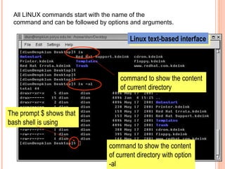 Linux text-based interfaceLinux text-based interface
command to show the content
of current directory
command to show the content
of current directory with option
-al
The prompt $ shows that
bash shell is using
All LINUX commands start with the name of the
command and can be followed by options and arguments.
 