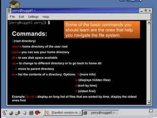 Commands:
/ (root directory)
/root – home directory of the user root
pwd – you can see your home directory
df – to see disk space available
cd – to change to different directory or to go back to home dir
.. - move to parent directory
ls – list the contents of a directory; Options: -l (more info)
-a (displays hidden files)
-t (sort by time)
-r (oldest first)
Example: ls –ltr : display an long list of files that are sorted by time, display the oldest
ones first
Some of the basic commands you
should learn are the ones that help
you navigate the file system.
 