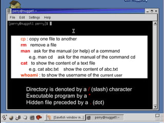 cp : copy one file to another
rm : remove a file
man : ask for the manual (or help) of a command
e.g. man cd ask for the manual of the command cd
cat : to show the content of a text file
e.g. cat abc.txt show the content of abc.txt
whoami : to show the username of the current user
Directory is denoted by a / (slash) character
Executable program by a *
Hidden file preceded by a . (dot)
 