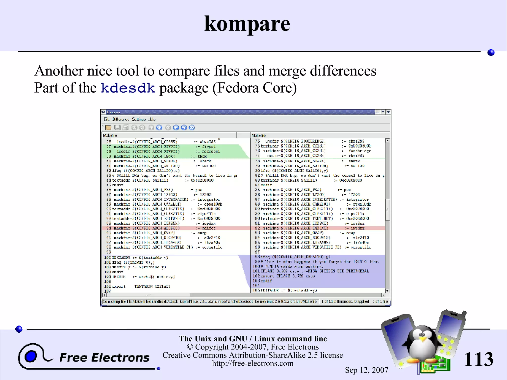 kompare Another nice tool to compare files and merge differences Part of the kdesdk package (Fedora Core) 