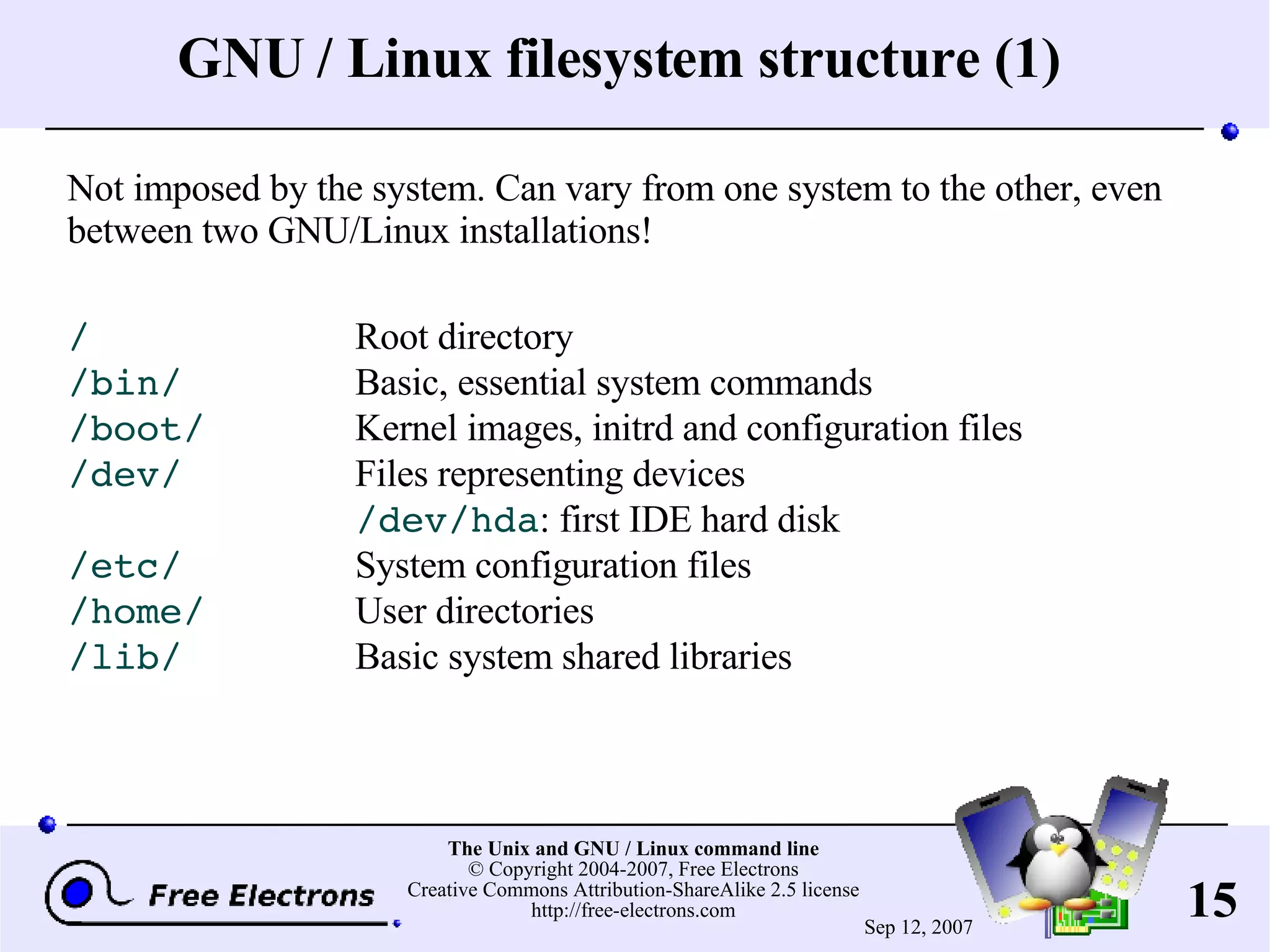 GNU / Linux filesystem structure (1) Not imposed by the system. Can vary from one system to the other, even between two GNU/Linux installations! / Root directory /bin/ Basic, essential system commands /boot/ Kernel images, initrd and configuration files /dev/ Files representing devices /dev/hda : first IDE hard disk /etc/ System configuration files /home/ User directories /lib/ Basic system shared libraries 