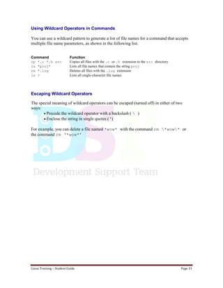Linux Training – Student Guide Page 31
Using Wildcard Operators in Commands
You can use a wildcard pattern to generate a list of file names for a command that accepts
multiple file name parameters, as shown in the following list.
Command Function
cp *.c *.h src Copies all files with the .c or .h extension to the src directory
ls *proj* Lists all file names that contain the string proj
rm *.log Deletes all files with the .log extension
ls ? Lists all single-character file names
Escaping Wildcard Operators
The special meaning of wildcard operators can be escaped (turned off) in either of two
ways:
Precede the wildcard operator with a backslash (  )
Enclose the string in single quotes (‘)
For example, you can delete a file named *wow* with the command rm *wow* or
the command rm ‘*wow*’
 