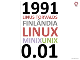1991
LINUS	
  TORVALDS
	
  

FINLÂNDIA
	
  

LINUX
MINIXUNIX

0.01

João	
  Sá	
  //	
  2013	
  

 
