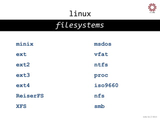 linux
	
  
filesystems
	
  
minix

msdos

ext

vfat

ext2

ntfs

ext3

proc

ext4

iso9660

ReiserFS

nfs

XFS

smb
João	
  Sá	
  //	
  2013	
  

 
