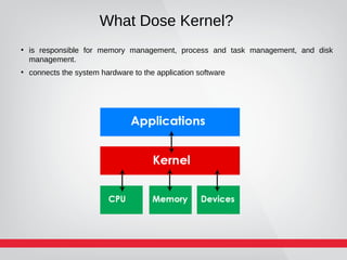What Dose Kernel?
●
is responsible for memory management, process and task management, and disk
management.
●
connects the system hardware to the application software
 