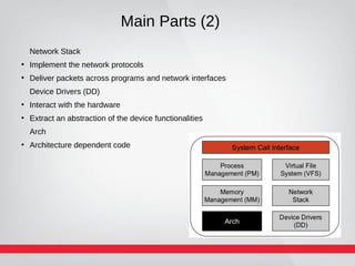 Main Parts (2)
Network Stack
●
Implement the network protocols
●
Deliver packets across programs and network interfaces
Device Drivers (DD)
●
Interact with the hardware
●
Extract an abstraction of the device functionalities
Arch
●
Architecture dependent code
 