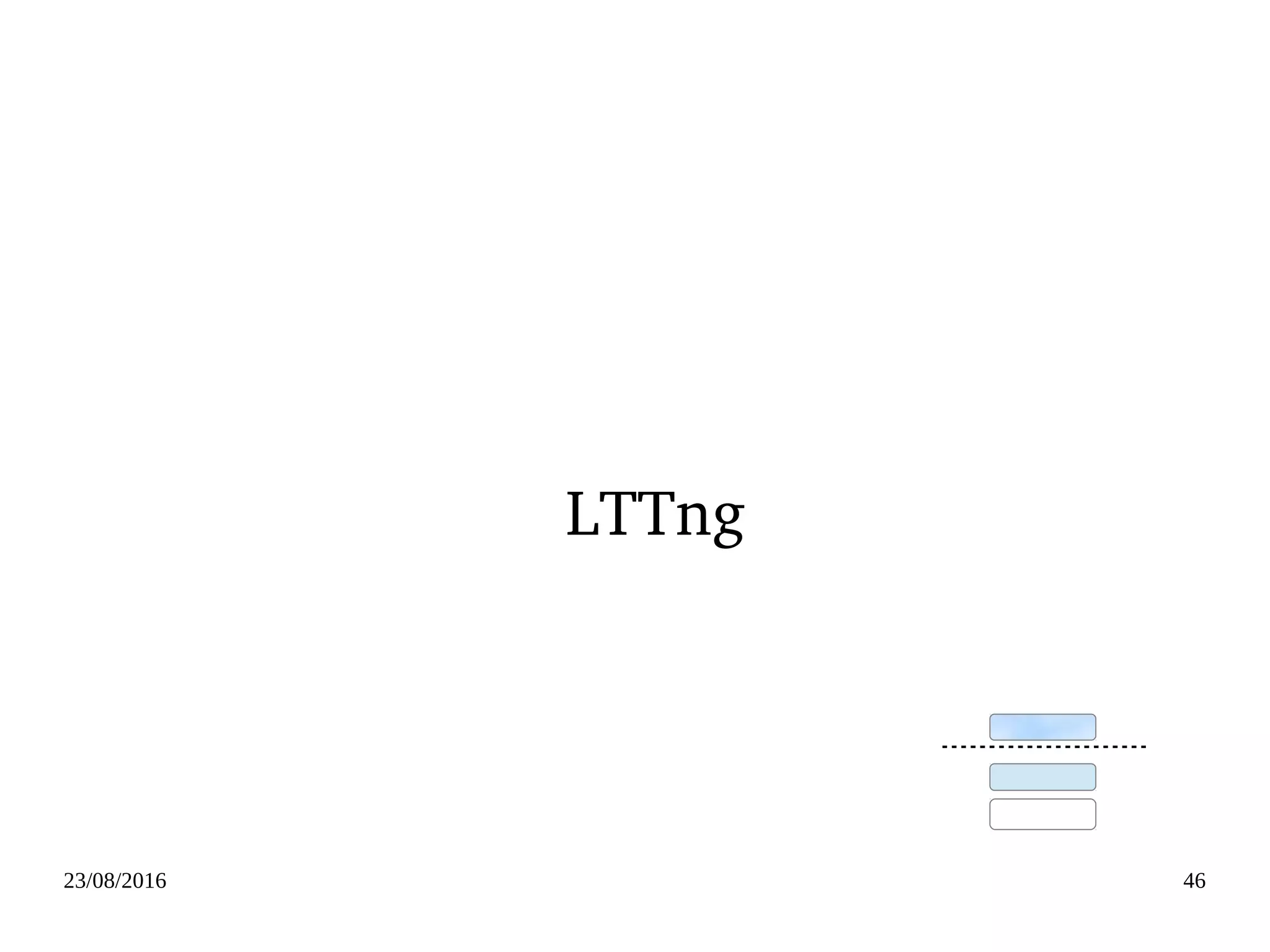 02/09/2016 46
perf
●
Linux­2.6.31
●
Statistics data
# perf stat my­app args
●
Sampling record
# perf record my­app args
●
Other sub cmds of perf tool 
perf­tool
perf framework
kernel
user
perf_event
PMU
CPU
Performance Monitors
 