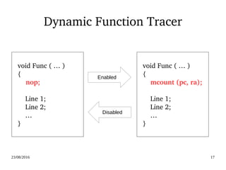 02/09/2016 17
Dynamic Function Tracer
  
  void Func ( … )
  {
      nop;
      Line 1;
      Line 2;
      …
  }
  
  void Func ( … )
  {
      mcount (pc, ra);
      Line 1;
      Line 2;
      …
  }
Enabled
Disabled
 