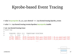 02/09/2016 37
jprobe
data: probed function
arguments
 