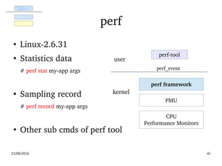 02/09/2016 41
Kprobe Overhead [7]
cycles per iteration
                AMD Athlon 1.7GH         Pentium III 860MHz
kprobe     0.99 us                            0.95 us
jprobe      0.82 us                            1.61 us
 