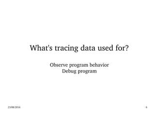 02/09/2016 6
What's tracing data used for?
Observe program behavior
Debug program
 