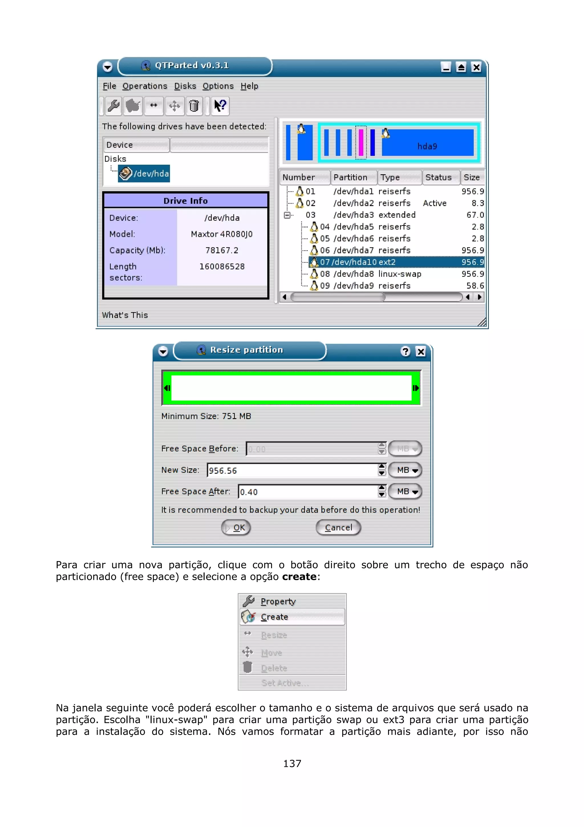 Para criar uma nova partição, clique com o botão direito sobre um trecho de espaço não
particionado (free space) e selecione a opção create:




Na janela seguinte você poderá escolher o tamanho e o sistema de arquivos que será usado na
partição. Escolha "linux-swap" para criar uma partição swap ou ext3 para criar uma partição
para a instalação do sistema. Nós vamos formatar a partição mais adiante, por isso não


                                           137
 