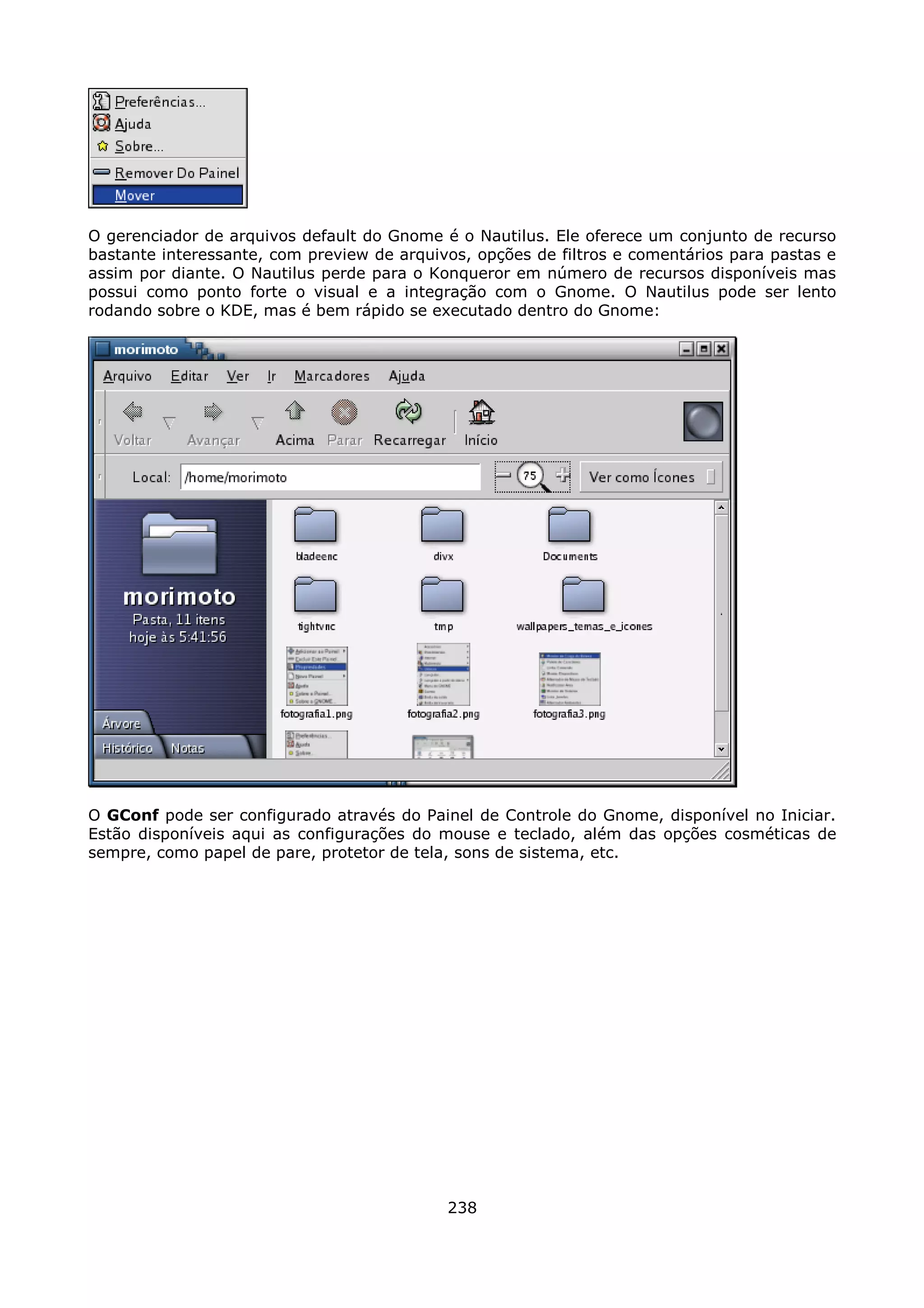 O gerenciador de arquivos default do Gnome é o Nautilus. Ele oferece um conjunto de recurso
bastante interessante, com preview de arquivos, opções de filtros e comentários para pastas e
assim por diante. O Nautilus perde para o Konqueror em número de recursos disponíveis mas
possui como ponto forte o visual e a integração com o Gnome. O Nautilus pode ser lento
rodando sobre o KDE, mas é bem rápido se executado dentro do Gnome:




O GConf pode ser configurado através do Painel de Controle do Gnome, disponível no Iniciar.
Estão disponíveis aqui as configurações do mouse e teclado, além das opções cosméticas de
sempre, como papel de pare, protetor de tela, sons de sistema, etc.




                                            238
 
