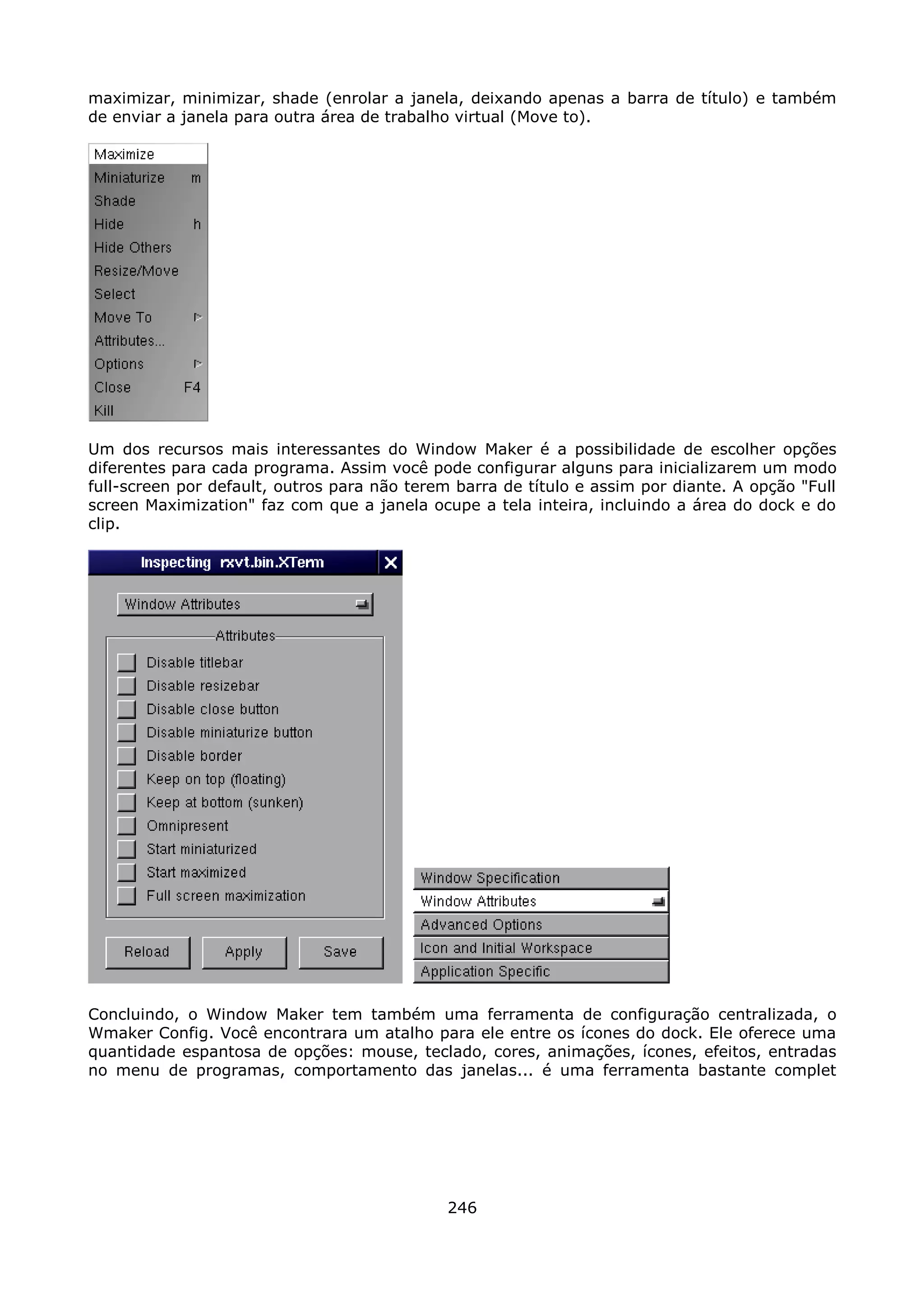 maximizar, minimizar, shade (enrolar a janela, deixando apenas a barra de título) e também
de enviar a janela para outra área de trabalho virtual (Move to).




Um dos recursos mais interessantes do Window Maker é a possibilidade de escolher opções
diferentes para cada programa. Assim você pode configurar alguns para inicializarem um modo
full-screen por default, outros para não terem barra de título e assim por diante. A opção "Full
screen Maximization" faz com que a janela ocupe a tela inteira, incluindo a área do dock e do
clip.




Concluindo, o Window Maker tem também uma ferramenta de configuração centralizada, o
Wmaker Config. Você encontrara um atalho para ele entre os ícones do dock. Ele oferece uma
quantidade espantosa de opções: mouse, teclado, cores, animações, ícones, efeitos, entradas
no menu de programas, comportamento das janelas... é uma ferramenta bastante complet




                                              246
 
