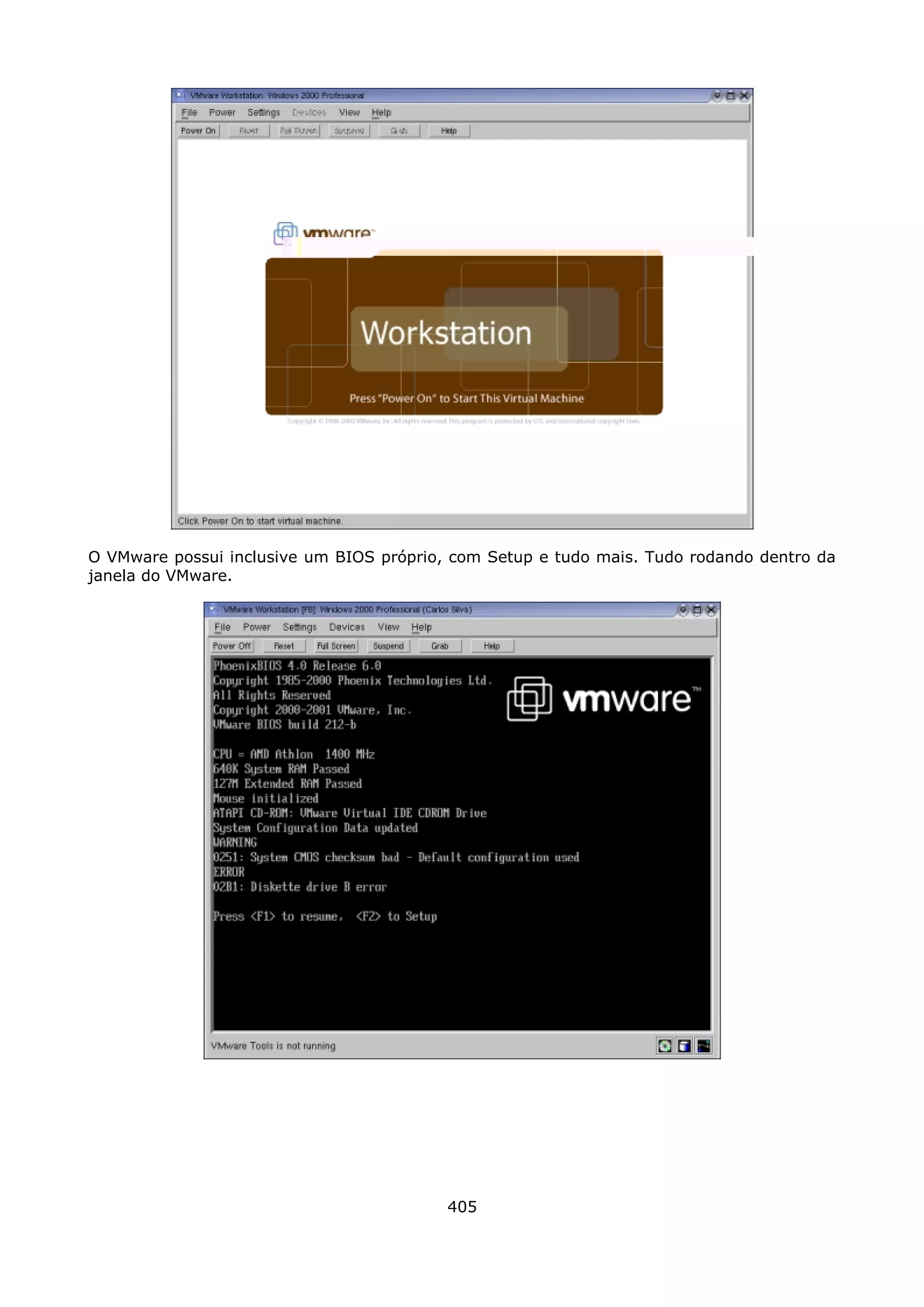 O VMware possui inclusive um BIOS próprio, com Setup e tudo mais. Tudo rodando dentro da
janela do VMware.




                                          405
 