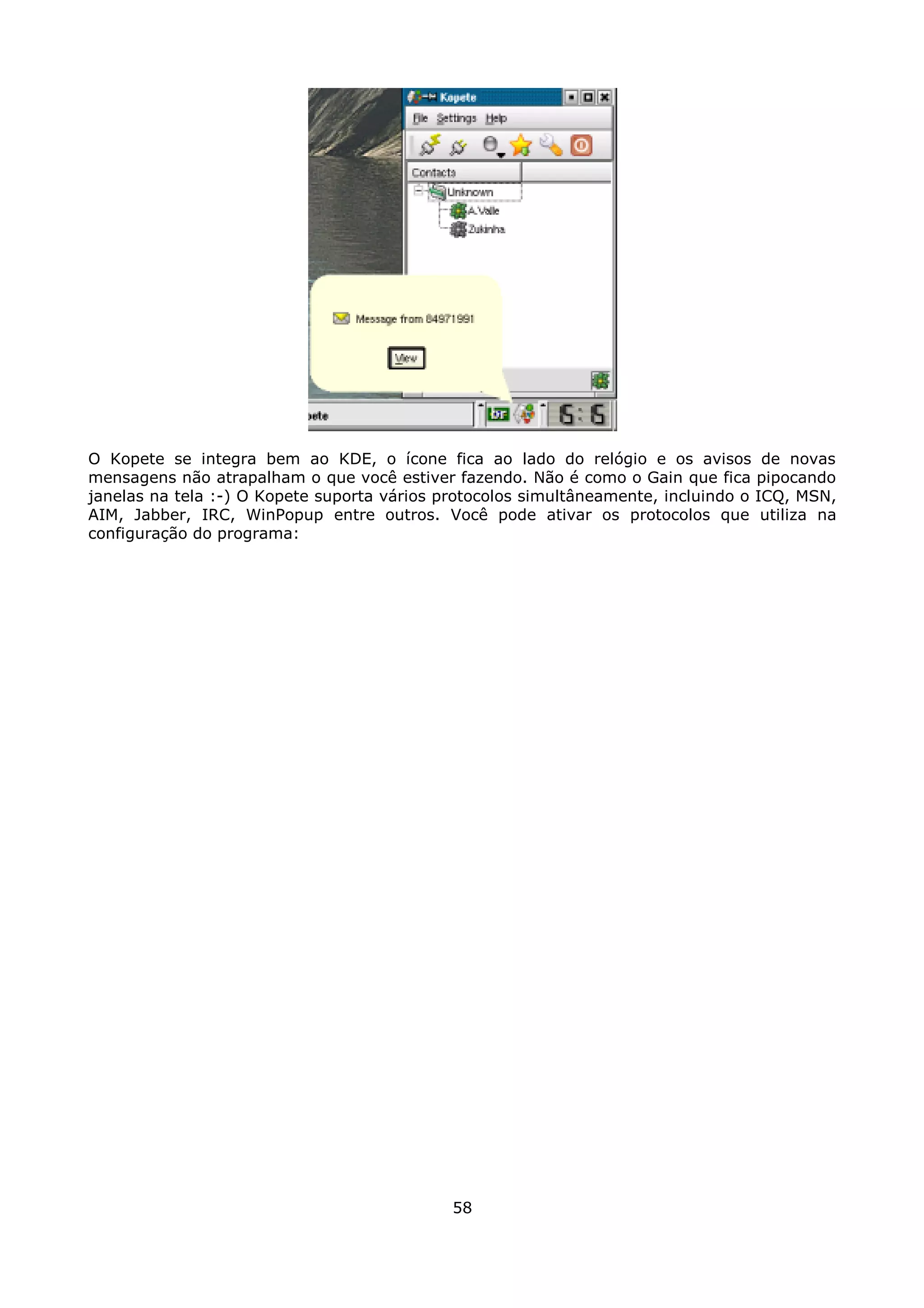 O Kopete se integra bem ao KDE, o ícone fica ao lado do relógio e os avisos de novas
mensagens não atrapalham o que você estiver fazendo. Não é como o Gain que fica pipocando
janelas na tela :-) O Kopete suporta vários protocolos simultâneamente, incluindo o ICQ, MSN,
AIM, Jabber, IRC, WinPopup entre outros. Você pode ativar os protocolos que utiliza na
configuração do programa:




                                             58
 