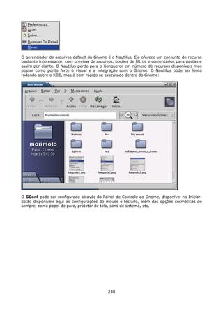 O gerenciador de arquivos default do Gnome é o Nautilus. Ele oferece um conjunto de recurso
bastante interessante, com preview de arquivos, opções de filtros e comentários para pastas e
assim por diante. O Nautilus perde para o Konqueror em número de recursos disponíveis mas
possui como ponto forte o visual e a integração com o Gnome. O Nautilus pode ser lento
rodando sobre o KDE, mas é bem rápido se executado dentro do Gnome:




O GConf pode ser configurado através do Painel de Controle do Gnome, disponível no Iniciar.
Estão disponíveis aqui as configurações do mouse e teclado, além das opções cosméticas de
sempre, como papel de pare, protetor de tela, sons de sistema, etc.




                                            238
 