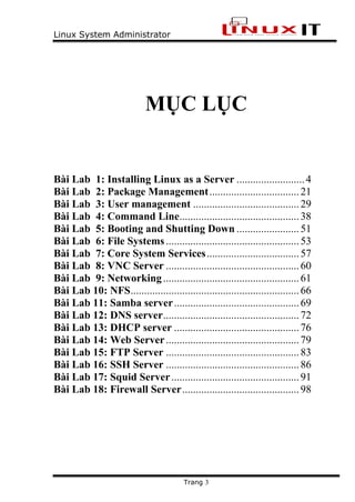 Linux System Administrator
Trang 3
MỤC LỤC
Bài Lab 1: Installing Linux as a Server .........................4
Bài Lab 2: Package Management.................................21
Bài Lab 3: User management .......................................29
Bài Lab 4: Command Line............................................38
Bài Lab 5: Booting and Shutting Down .......................51
Bài Lab 6: File Systems.................................................53
Bài Lab 7: Core System Services..................................57
Bài Lab 8: VNC Server .................................................60
Bài Lab 9: Networking..................................................61
Bài Lab 10: NFS..............................................................66
Bài Lab 11: Samba server..............................................69
Bài Lab 12: DNS server..................................................72
Bài Lab 13: DHCP server ..............................................76
Bài Lab 14: Web Server.................................................79
Bài Lab 15: FTP Server .................................................83
Bài Lab 16: SSH Server .................................................86
Bài Lab 17: Squid Server...............................................91
Bài Lab 18: Firewall Server...........................................98
 