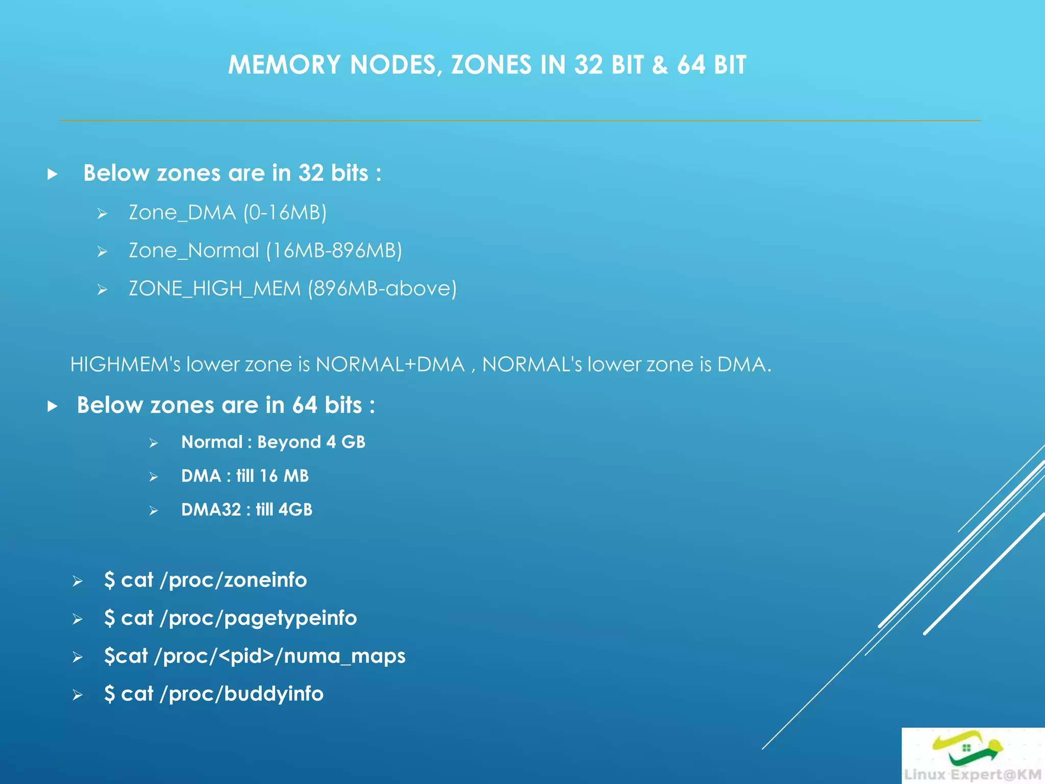 MEMORY NODES, ZONES IN 32 BIT & 64 BIT
 Below zones are in 32 bits :
 Zone_DMA (0-16MB)
 Zone_Normal (16MB-896MB)
 ZONE_HIGH_MEM (896MB-above)
HIGHMEM's lower zone is NORMAL+DMA , NORMAL's lower zone is DMA.
 Below zones are in 64 bits :
 Normal : Beyond 4 GB
 DMA : till 16 MB
 DMA32 : till 4GB
 $ cat /proc/zoneinfo
 $ cat /proc/pagetypeinfo
 $cat /proc/<pid>/numa_maps
 $ cat /proc/buddyinfo
 