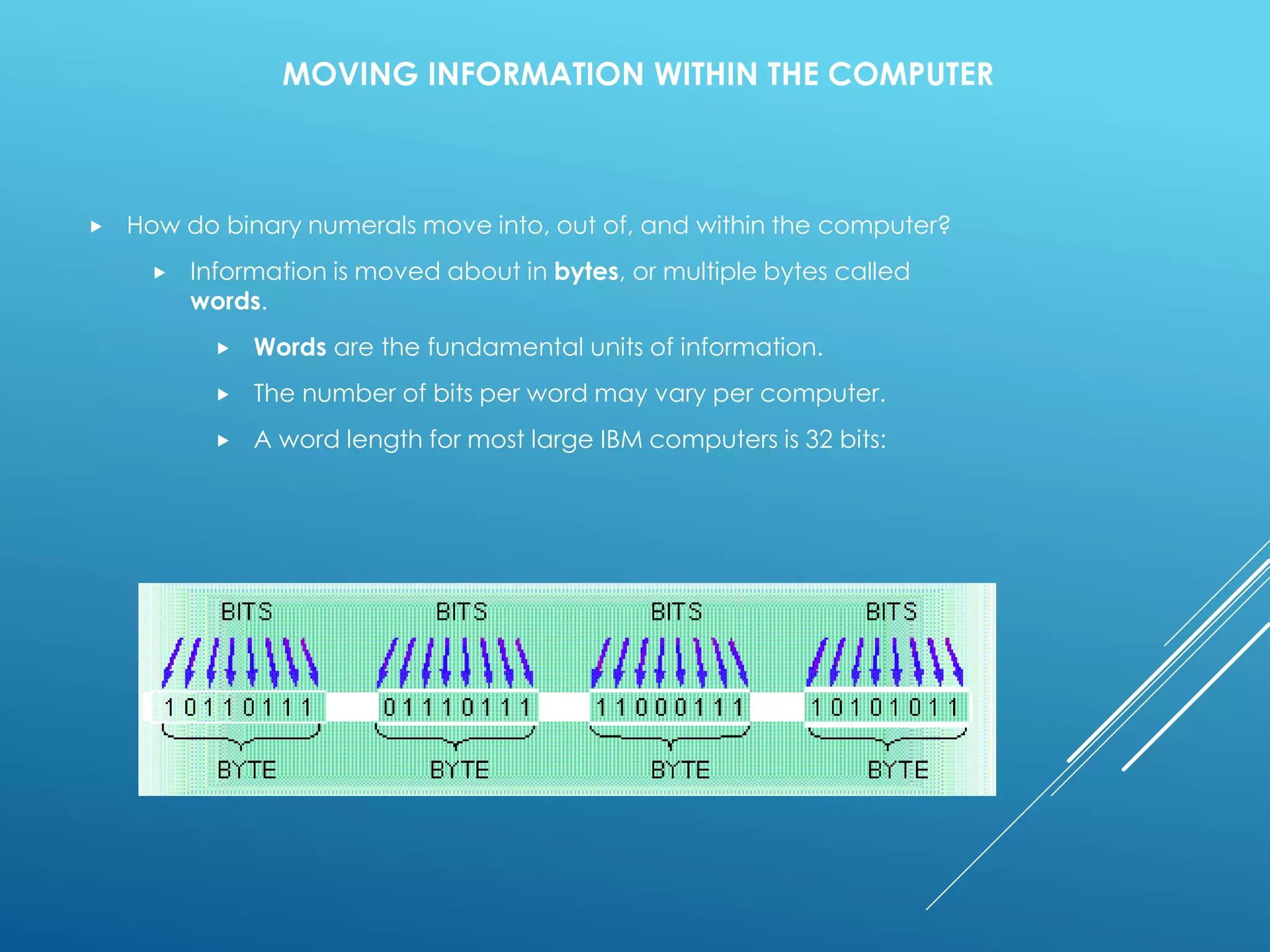 MOVING INFORMATION WITHIN THE COMPUTER
 How do binary numerals move into, out of, and within the computer?
 Information is moved about in bytes, or multiple bytes called
words.
 Words are the fundamental units of information.
 The number of bits per word may vary per computer.
 A word length for most large IBM computers is 32 bits:
 