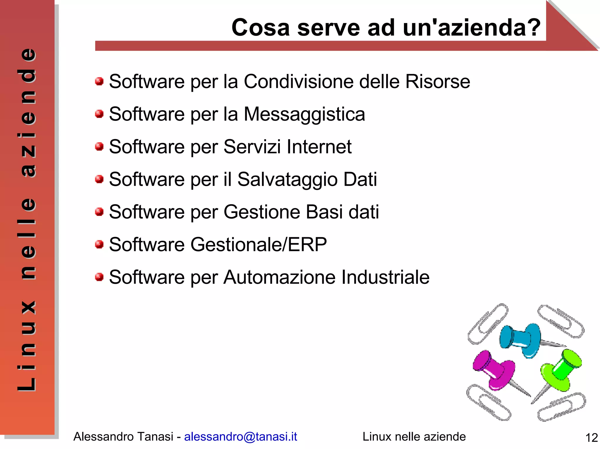 Cosa serve ad un'azienda? Software per la Condivisione delle Risorse  Software per la Messaggistica Software per Servizi Internet Software per il Salvataggio Dati Software per Gestione Basi dati Software Gestionale/ERP Software per Automazione Industriale 