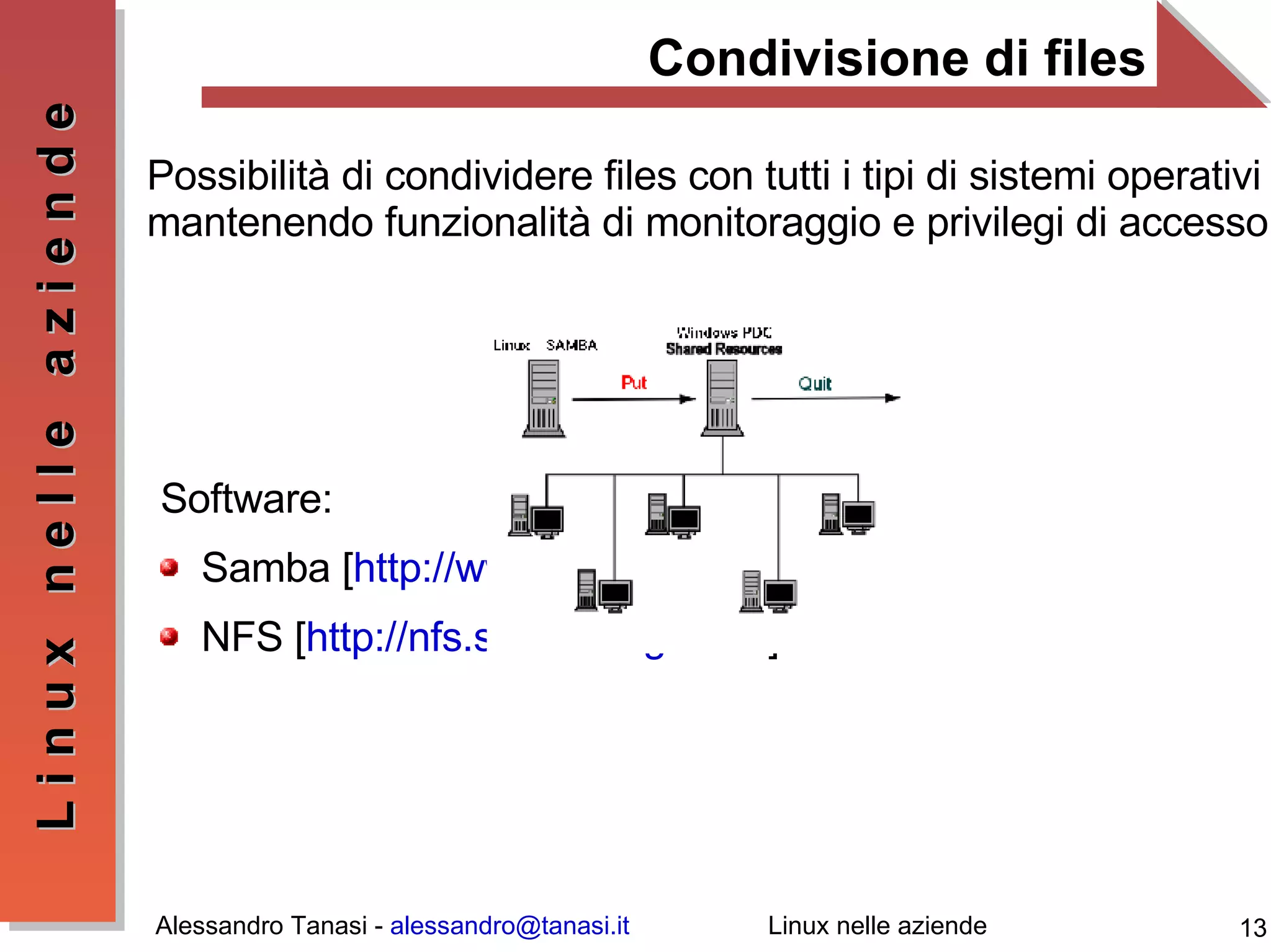 Condivisione di files Possibilità di condividere files con tutti i tipi di sistemi operativi mantenendo funzionalità di monitoraggio e privilegi di accesso Software: Samba [ http://www.samba.org ] NFS [ http://nfs.sourceforge.net/ ] 