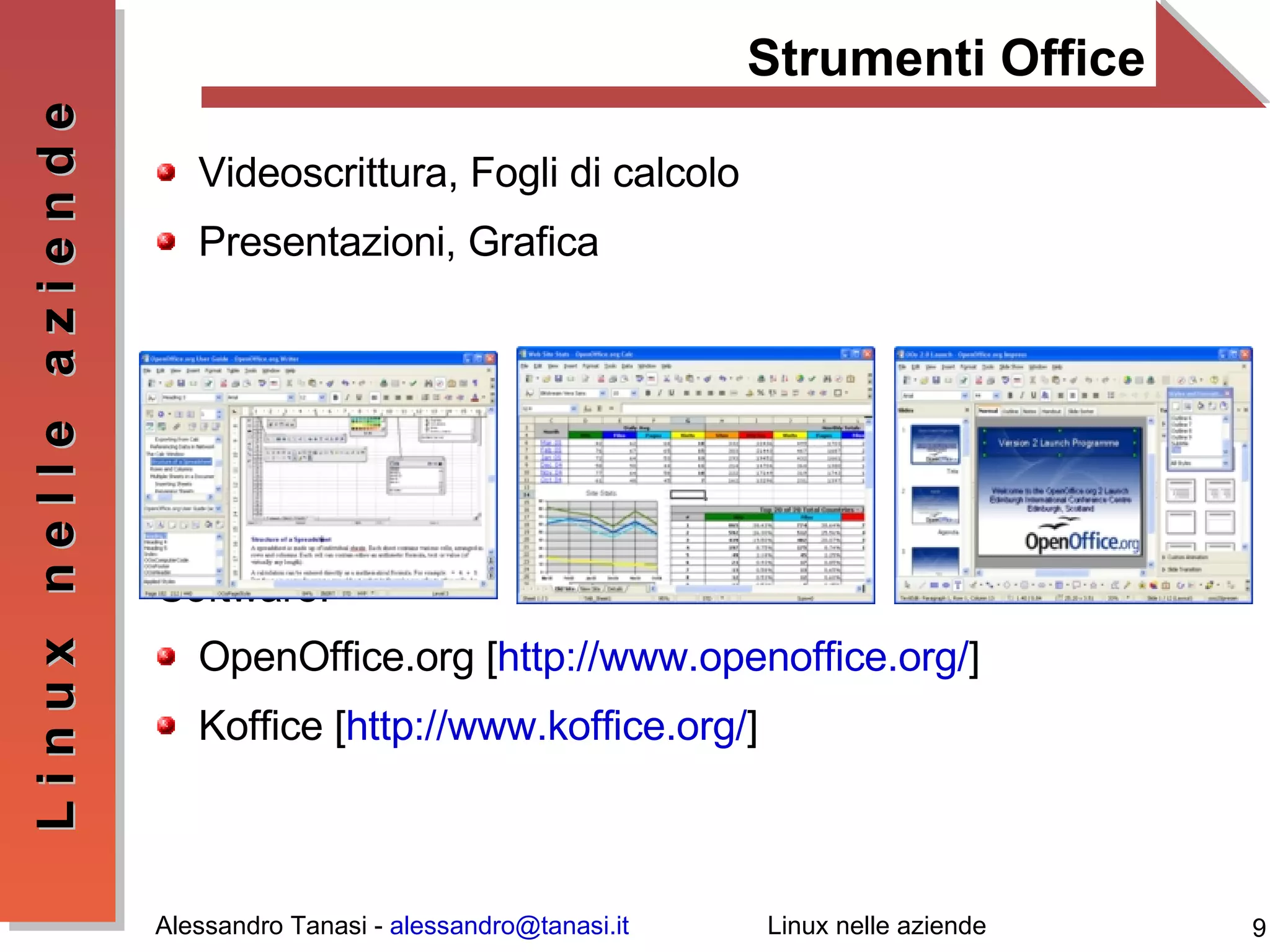 Strumenti Office Videoscrittura, Fogli di calcolo  Presentazioni, Grafica Software: OpenOffice.org [ http://www.openoffice.org/ ] Koffice [ http://www.koffice.org/ ] 