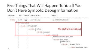 Five Things That Will Happen To You If You
Don’t Have Symbolic Debug Information
The stuff we care about
 
