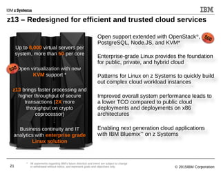 © 2015IBM Corporation21
z13 – Redesigned for efficient and trusted cloud services
* All statements regarding IBM's future direction and intent are subject to change
or withdrawal without notice, and represent goals and objectives only.
Up to 8,000 virtual servers per
system, more than 50 per core
Open virtualization with new
KVM support *
z13 brings faster processing and
higher throughput of secure
transactions (2X more
throughput on crypto
coprocessor)
Business continuity and IT
analytics with enterprise grade
Linux solution
Open support extended with OpenStack®
,
PostgreSQL, Node.JS, and KVM*
Enterprise-grade Linux provides the foundation
for public, private, and hybrid cloud
Patterns for Linux on z Systems to quickly build
out complex cloud workload instances
Improved overall system performance leads to
a lower TCO compared to public cloud
deployments and deployments on x86
architectures
Enabling next generation cloud applications
with IBM Bluemix™
on z Systems
 