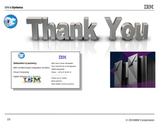 © 2015IBM Corporation23
IBM Client Center Montpellier
Parc Industriel de la Pompignane
34000 Montpellier
Phone: +33 4 67 34 65 74
llaurency@fr.ibm.com
Follow me on Twitter :
@SLLaurency
https://twitter.com/SLLaurency
Sébastien LLaurency
IBM Certified Expert Integration Architect
Cloud Computing
Digital Solutions for z Systems
 