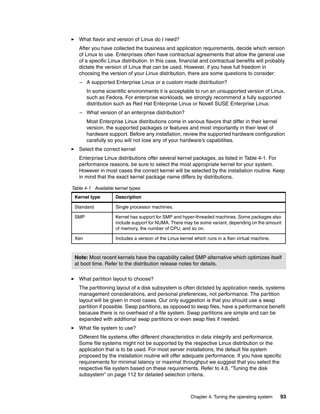 Chapter 4. Tuning the operating system 93
򐂰 What flavor and version of Linux do I need?
After you have collected the business and application requirements, decide which version
of Linux to use. Enterprises often have contractual agreements that allow the general use
of a specific Linux distribution. In this case, financial and contractual benefits will probably
dictate the version of Linux that can be used. However, if you have full freedom in
choosing the version of your Linux distribution, there are some questions to consider:
– A supported Enterprise Linux or a custom made distribution?
In some scientific environments it is acceptable to run an unsupported version of Linux,
such as Fedora. For enterprise workloads, we strongly recommend a fully supported
distribution such as Red Hat Enterprise Linux or Novell SUSE Enterprise Linux.
– What version of an enterprise distribution?
Most Enterprise Linux distributions come in various flavors that differ in their kernel
version, the supported packages or features and most importantly in their level of
hardware support. Before any installation, review the supported hardware configuration
carefully so you will not lose any of your hardware’s capabilities.
򐂰 Select the correct kernel
Enterprise Linux distributions offer several kernel packages, as listed in Table 4-1. For
performance reasons, be sure to select the most appropriate kernel for your system.
However in most cases the correct kernel will be selected by the installation routine. Keep
in mind that the exact kernel package name differs by distributions.
Table 4-1 Available kernel types
򐂰 What partition layout to choose?
The partitioning layout of a disk subsystem is often dictated by application needs, systems
management considerations, and personal preferences, not performance. The partition
layout will be given in most cases. Our only suggestion is that you should use a swap
partition if possible. Swap partitions, as opposed to swap files, have a performance benefit
because there is no overhead of a file system. Swap partitions are simple and can be
expanded with additional swap partitions or even swap files if needed.
򐂰 What file system to use?
Different file systems offer different characteristics in data integrity and performance.
Some file systems might not be supported by the respective Linux distribution or the
application that is to be used. For most server installations, the default file system
proposed by the installation routine will offer adequate performance. If you have specific
requirements for minimal latency or maximal throughput we suggest that you select the
respective file system based on these requirements. Refer to 4.6, “Tuning the disk
subsystem” on page 112 for detailed selection criteria.
Kernel type Description
Standard Single processor machines.
SMP Kernel has support for SMP and hyper-threaded machines. Some packages also
include support for NUMA. There may be some variant, depending on the amount
of memory, the number of CPU, and so on.
Xen Includes a version of the Linux kernel which runs in a Xen virtual machine.
Note: Most recent kernels have the capability called SMP alternative which optimizes itself
at boot time. Refer to the distribution release notes for details.
 