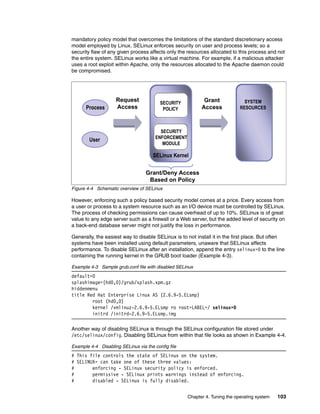 Chapter 4. Tuning the operating system 103
mandatory policy model that overcomes the limitations of the standard discretionary access
model employed by Linux. SELinux enforces security on user and process levels; so a
security flaw of any given process affects only the resources allocated to this process and not
the entire system. SELinux works like a virtual machine. For example, if a malicious attacker
uses a root exploit within Apache, only the resources allocated to the Apache daemon could
be compromised.
Figure 4-4 Schematic overview of SELinux
However, enforcing such a policy based security model comes at a price. Every access from
a user or process to a system resource such as an I/O device must be controlled by SELinux.
The process of checking permissions can cause overhead of up to 10%. SELinux is of great
value to any edge server such as a firewall or a Web server, but the added level of security on
a back-end database server might not justify the loss in performance.
Generally, the easiest way to disable SELinux is to not install it in the first place. But often
systems have been installed using default parameters, unaware that SELinux affects
performance. To disable SELinux after an installation, append the entry selinux=0 to the line
containing the running kernel in the GRUB boot loader (Example 4-3).
Example 4-3 Sample grub.conf file with disabled SELinux
default=0
splashimage=(hd0,0)/grub/splash.xpm.gz
hiddenmenu
title Red Hat Enterprise Linux AS (2.6.9-5.ELsmp)
root (hd0,0)
kernel /vmlinuz-2.6.9-5.ELsmp ro root=LABEL=/ selinux=0
initrd /initrd-2.6.9-5.ELsmp.img
Another way of disabling SELinux is through the SELinux configuration file stored under
/etc/selinux/config. Disabling SELinux from within that file looks as shown in Example 4-4.
Example 4-4 Disabling SELinux via the config file
# This file controls the state of SELinux on the system.
# SELINUX= can take one of these three values:
# enforcing - SELinux security policy is enforced.
# permissive - SELinux prints warnings instead of enforcing.
# disabled - SELinux is fully disabled.
SELinux Kernel
SECURITY
POLICY
SECURITY
ENFORCEMENT
MODULE
Process
User
SYSTEM
RESOURCES
Request
Access
Grant
Access
Grant/Deny Access
Based on Policy
 