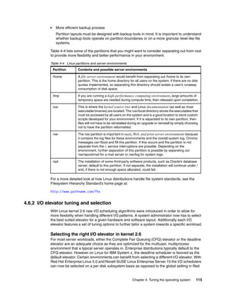 Chapter 4. Tuning the operating system 115
򐂰 More efficient backup process
Partition layouts must be designed with backup tools in mind. It is important to understand
whether backup tools operate on partition boundaries or on a more granular level like file
systems.
Table 4-4 lists some of the partitions that you might want to consider separating out from root
to provide more flexibility and better performance in your environment.
Table 4-4 Linux partitions and server environments
For a more detailed look at how Linux distributions handle file system standards, see the
Filesystem Hierarchy Standard’s home page at:
http://www.pathname.com/fhs
4.6.2 I/O elevator tuning and selection
With Linux kernel 2.6 new I/O scheduling algorithms were introduced in order to allow for
more flexibility when handling different I/O patterns. A system administrator now has to select
the best suited elevator for a given hardware and software layout. Additionally each I/O
elevator features a set of tuning options to further tailor a system towards a specific workload.
Selecting the right I/O elevator in kernel 2.6
For most server workloads, either the Complete Fair Queuing (CFQ) elevator or the deadline
elevator are an adequate choice as they are optimized for the multiuser, multiprocess
environment that a typical server operates in. Enterprise distributions typically default to the
CFQ elevator. However on Linux for IBM System z, the deadline scheduler is favored as the
default elevator. Certain environments can benefit from selecting a different I/O elevator. With
Red Hat Enterprise Linux 5.0 and Novell SUSE Linux Enterprise Server 10 the I/O schedulers
can now be selected on a per disk subsystem basis as opposed to the global setting in Red
Partition Contents and possible server environments
/home A file server environment would benefit from separating out /home to its own
partition. This is the home directory for all users on the system, if there are no disk
quotas implemented, so separating this directory should isolate a user’s runaway
consumption of disk space.
/tmp If you are running a high-performance computing environment, large amounts of
temporary space are needed during compute time, then released upon completion.
/usr This is where the kernel source tree and Linux documentation (as well as most
executable binaries) are located. The /usr/local directory stores the executables that
must be accessed by all users on the system and is a good location to store custom
scripts developed for your environment. If it is separated to its own partition, then
files will not have to be reinstalled during an upgrade or reinstall by simply choosing
not to have the partition reformatted.
/var The /var partition is important in mail, Web, and print server environments because
it contains the log files for these environments and the overall system log. Chronic
messages can flood and fill this partition. If this occurs and the partition is not
separate from the /, service interruptions are possible. Depending on the
environment, further separation of this partition is possible by separating out
/var/spool/mail for a mail server or /var/log for system logs.
/opt The installation of some third-party software products, such as Oracle’s database
server, default to this partition. If not separate, the installation will continue under /
and, if there is not enough space allocated, could fail.
 
