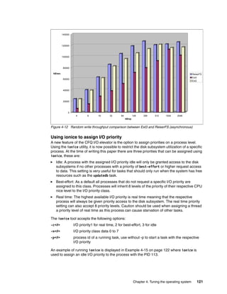 Chapter 4. Tuning the operating system 121
Figure 4-12 Random write throughput comparison between Ext3 and ReiserFS (asynchronous)
Using ionice to assign I/O priority
A new feature of the CFQ I/O elevator is the option to assign priorities on a process level.
Using the ionice utility, it is now possible to restrict the disk subsystem utilization of a specific
process. At the time of writing this paper there are three priorities that can be assigned using
ionice, these are:
򐂰 Idle: A process with the assigned I/O priority idle will only be granted access to the disk
subsystems if no other processes with a priority of best-effort or higher request access
to data. This setting is very useful for tasks that should only run when the system has free
resources such as the updatedb task.
򐂰 Best-effort: As a default all processes that do not request a specific I/O priority are
assigned to this class. Processes will inherit 8 levels of the priority of their respective CPU
nice level to the I/O priority class.
򐂰 Real time: The highest available I/O priority is real time meaning that the respective
process will always be given priority access to the disk subsystem. The real time priority
setting can also accept 8 priority levels. Caution should be used when assigning a thread
a priority level of real time as this process can cause starvation of other tasks.
The ionice tool accepts the following options:
-c<#> I/O priority1 for real time, 2 for best-effort, 3 for idle
-n<#> I/O priority class data 0 to 7
-p<#> process id of a running task, use without -p to start a task with the respective
I/O priority
An example of running ionice is displayed in Example 4-15 on page 122 where ionice is
used to assign an idle I/O priority to the process with the PID 113.
0
20000
40000
60000
80000
100000
120000
140000
kB/sec
4 8 16 32 64 128 256 512 1024 2048
kB/op
ReiserFS
Ext3
Ext2
 