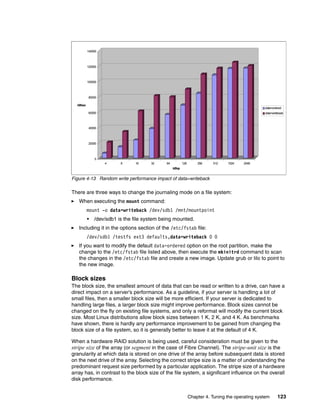 Chapter 4. Tuning the operating system 123
Figure 4-13 Random write performance impact of data=writeback
There are three ways to change the journaling mode on a file system:
򐂰 When executing the mount command:
mount -o data=writeback /dev/sdb1 /mnt/mountpoint
• /dev/sdb1 is the file system being mounted.
򐂰 Including it in the options section of the /etc/fstab file:
/dev/sdb1 /testfs ext3 defaults,data=writeback 0 0
򐂰 If you want to modify the default data=ordered option on the root partition, make the
change to the /etc/fstab file listed above, then execute the mkinitrd command to scan
the changes in the /etc/fstab file and create a new image. Update grub or lilo to point to
the new image.
Block sizes
The block size, the smallest amount of data that can be read or written to a drive, can have a
direct impact on a server’s performance. As a guideline, if your server is handling a lot of
small files, then a smaller block size will be more efficient. If your server is dedicated to
handling large files, a larger block size might improve performance. Block sizes cannot be
changed on the fly on existing file systems, and only a reformat will modify the current block
size. Most Linux distributions allow block sizes between 1 K, 2 K, and 4 K. As benchmarks
have shown, there is hardly any performance improvement to be gained from changing the
block size of a file system, so it is generally better to leave it at the default of 4 K.
When a hardware RAID solution is being used, careful consideration must be given to the
stripe size of the array (or segment in the case of Fibre Channel). The stripe-unit size is the
granularity at which data is stored on one drive of the array before subsequent data is stored
on the next drive of the array. Selecting the correct stripe size is a matter of understanding the
predominant request size performed by a particular application. The stripe size of a hardware
array has, in contrast to the block size of the file system, a significant influence on the overall
disk performance.
0
20000
40000
60000
80000
100000
120000
140000
kB/sec
4 8 16 32 64 128 256 512 1024 2048
kB/op
data=ordered
data=writeback
 