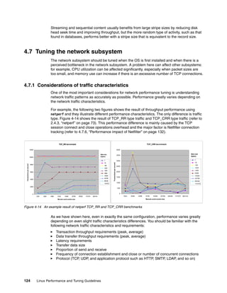 124 Linux Performance and Tuning Guidelines
Streaming and sequential content usually benefits from large stripe sizes by reducing disk
head seek time and improving throughput, but the more random type of activity, such as that
found in databases, performs better with a stripe size that is equivalent to the record size.
4.7 Tuning the network subsystem
The network subsystem should be tuned when the OS is first installed and when there is a
perceived bottleneck in the network subsystem. A problem here can affect other subsystems:
for example, CPU utilization can be affected significantly, especially when packet sizes are
too small, and memory use can increase if there is an excessive number of TCP connections.
4.7.1 Considerations of traffic characteristics
One of the most important considerations for network performance tuning is understanding
network traffic patterns as accurately as possible. Performance greatly varies depending on
the network traffic characteristics.
For example, the following two figures shows the result of throughput performance using
netperf and they illustrate different performance characteristics. The only difference is traffic
type. Figure 4-14 shows the result of TCP_RR type traffic and TCP_CRR type traffic (refer to
2.4.3, “netperf” on page 73). This performance difference is mainly caused by the TCP
session connect and close operations overhead and the major factor is Netfilter connection
tracking (refer to 4.7.6, “Performance impact of Netfilter” on page 132).
Figure 4-14 An example result of netperf TCP_RR and TCP_CRR benchmarks
As we have shown here, even in exactly the same configuration, performance varies greatly
depending on even slight traffic characteristics differences. You should be familiar with the
following network traffic characteristics and requirements:
򐂰 Transaction throughput requirements (peak, average)
򐂰 Data transfer throughput requirements (peak, average)
򐂰 Latency requirements
򐂰 Transfer data size
򐂰 Proportion of send and receive
򐂰 Frequency of connection establishment and close or number of concurrent connections
򐂰 Protocol (TCP, UDP, and application protocol such as HTTP, SMTP, LDAP, and so on)
TCP_CRR benchmark
0
500
1000
1500
2000
2500
3000
3500
4000
1024 2048 4096 8192 16384 32768 65536 131070 262144
Remote send socket size
Transactions
per
second
1
16
128
1024
1460
4096
16384
32768
65536
131072
Data size
(bytes)
TCP_RR benchmark
0
2000
4000
6000
8000
10000
12000
1024 2048 4096 8192 16384 32768 65536 131070 262144
Remote send socket size
Transactions
per
second
1
16
128
1024
1460
4096
16384
32768
65536
131072
Data size
(bytes)
 