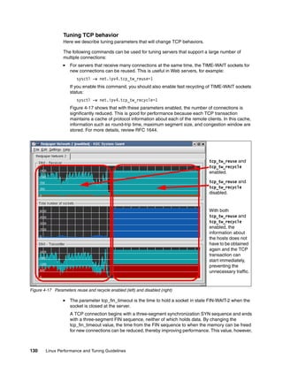 130 Linux Performance and Tuning Guidelines
Tuning TCP behavior
Here we describe tuning parameters that will change TCP behaviors.
The following commands can be used for tuning servers that support a large number of
multiple connections:
򐂰 For servers that receive many connections at the same time, the TIME-WAIT sockets for
new connections can be reused. This is useful in Web servers, for example:
sysctl -w net.ipv4.tcp_tw_reuse=1
If you enable this command, you should also enable fast recycling of TIME-WAIT sockets
status:
sysctl -w net.ipv4.tcp_tw_recycle=1
Figure 4-17 shows that with these parameters enabled, the number of connections is
significantly reduced. This is good for performance because each TCP transaction
maintains a cache of protocol information about each of the remote clients. In this cache,
information such as round-trip time, maximum segment size, and congestion window are
stored. For more details, review RFC 1644.
Figure 4-17 Parameters reuse and recycle enabled (left) and disabled (right)
򐂰 The parameter tcp_fin_timeout is the time to hold a socket in state FIN-WAIT-2 when the
socket is closed at the server.
A TCP connection begins with a three-segment synchronization SYN sequence and ends
with a three-segment FIN sequence, neither of which holds data. By changing the
tcp_fin_timeout value, the time from the FIN sequence to when the memory can be freed
for new connections can be reduced, thereby improving performance. This value, however,
With both
tcp_tw_reuse and
tcp_tw_recycle
enabled, the
information about
the hosts does not
have to be obtained
again and the TCP
transaction can
start immediately,
preventing the
unnecessary traffic.
tcp_tw_reuse and
tcp_tw_recycle
enabled.
tcp_tw_reuse and
tcp_tw_recycle
disabled.
 