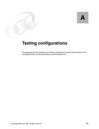 © Copyright IBM Corp. 2007. All rights reserved. 137
Appendix A. Testing configurations
This appendix lists the hardware and software configurations used to load and test various
tuning parameters, monitoring software, and benchmark runs.
A
 