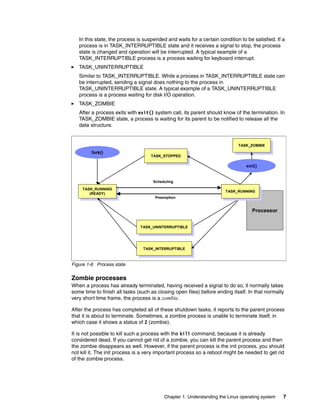 Chapter 1. Understanding the Linux operating system 7
In this state, the process is suspended and waits for a certain condition to be satisfied. If a
process is in TASK_INTERRUPTIBLE state and it receives a signal to stop, the process
state is changed and operation will be interrupted. A typical example of a
TASK_INTERRUPTIBLE process is a process waiting for keyboard interrupt.
򐂰 TASK_UNINTERRUPTIBLE
Similar to TASK_INTERRUPTIBLE. While a process in TASK_INTERRUPTIBLE state can
be interrupted, sending a signal does nothing to the process in
TASK_UNINTERRUPTIBLE state. A typical example of a TASK_UNINTERRUPTIBLE
process is a process waiting for disk I/O operation.
򐂰 TASK_ZOMBIE
After a process exits with exit() system call, its parent should know of the termination. In
TASK_ZOMBIE state, a process is waiting for its parent to be notified to release all the
data structure.
Figure 1-6 Process state
Zombie processes
When a process has already terminated, having received a signal to do so, it normally takes
some time to finish all tasks (such as closing open files) before ending itself. In that normally
very short time frame, the process is a zombie.
After the process has completed all of these shutdown tasks, it reports to the parent process
that it is about to terminate. Sometimes, a zombie process is unable to terminate itself, in
which case it shows a status of Z (zombie).
It is not possible to kill such a process with the kill command, because it is already
considered dead. If you cannot get rid of a zombie, you can kill the parent process and then
the zombie disappears as well. However, if the parent process is the init process, you should
not kill it. The init process is a very important process so a reboot might be needed to get rid
of the zombie process.
Processor
TASK_INTERRUPTIBLE
TASK_INTERRUPTIBLE
TASK_RUNNING
(READY)
TASK_RUNNING
(READY) TASK_RUNNING
TASK_RUNNING
TASK_ZOMBIE
TASK_ZOMBIE
TASK_STOPPED
TASK_STOPPED
exit()
TASK_UNINTERRUPTIBLE
TASK_UNINTERRUPTIBLE
Preemption
Scheduling
fork()
 