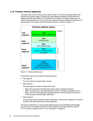 8 Linux Performance and Tuning Guidelines
1.1.8 Process memory segments
A process uses its own memory area to perform work. The work varies depending on the
situation and process usage. A process can have different workload characteristics and
different data size requirements. The process has to handle a of variety of data sizes. To
satisfy this requirement, the Linux kernel uses a dynamic memory allocation mechanism for
each process. The process memory allocation structure is shown in Figure 1-7.
Figure 1-7 Process address space
The process memory area consist of these segments
򐂰 Text segment
The area where executable code is stored.
򐂰 Data segment
The data segment consists of these three areas.
– Data: The area where initialized data such as static variables are stored.
– BSS: The area where zero-initialized data is stored. The data is initialized to zero.
– Heap: The area where malloc() allocates dynamic memory based on the demand.
The heap grows towards higher addresses.
򐂰 Stack segment
The area where local variables, function parameters, and the return address of a function
is stored. The stack grows toward lower addresses.
The memory allocation of a user process address space can be displayed with the pmap
command. You can display the total size of the segment with the ps command. Refer to
2.3.10, “pmap” on page 52 and 2.3.4, “ps and pstree” on page 44.
Text
Executable instruction (Read-only)
Data
Initialized data
BSS
Zero-initialized data
Heap
Dynamic memory allocation
by malloc()
Stack
Local variables
Function parameters,
Return address, and so on
Text
segment
Data
segment
Stack
segment
Process address space
Heap
segment
0x0000
 