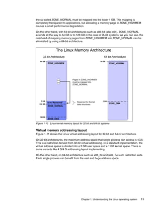Chapter 1. Understanding the Linux operating system 11
the so-called ZONE_NORMAL must be mapped into the lower 1 GB. This mapping is
completely transparent to applications, but allocating a memory page in ZONE_HIGHMEM
causes a small performance degradation.
On the other hand, with 64-bit architectures such as x86-64 (also x64), ZONE_NORMAL
extends all the way to 64 GB or to 128 GB in the case of IA-64 systems. As you can see, the
overhead of mapping memory pages from ZONE_HIGHMEM into ZONE_NORMAL can be
eliminated by using a 64-bit architecture.
Figure 1-10 Linux kernel memory layout for 32-bit and 64-bit systems
Virtual memory addressing layout
Figure 1-11 shows the Linux virtual addressing layout for 32-bit and 64-bit architecture.
On 32-bit architectures, the maximum address space that single process can access is 4GB.
This is a restriction derived from 32-bit virtual addressing. In a standard implementation, the
virtual address space is divided into a 3 GB user space and a 1 GB kernel space. There is
some variants like 4 G/4 G addressing layout implementing.
On the other hand, on 64-bit architecture such as x86_64 and ia64, no such restriction exits.
Each single process can benefit from the vast and huge address space.
The Linux Memory Architecture
32-bit Architecture 64-bit Architecture
16 MB
1 GB
64 GB
ZONE_NORMAL
ZONE_DMA
ZONE_HIGHMEM
“Reserved”
128 MB
896 MB
Pages in ZONE_HIGHMEM
must be mapped into
ZONE_NORMAL
1 GB
64 GB
ZONE_DMA
ZONE_NORMAL
~~
~~
Reserved for Kernel
data structures
 