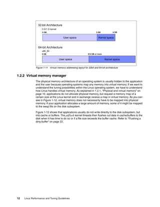 12 Linux Performance and Tuning Guidelines
Figure 1-11 Virtual memory addressing layout for 32bit and 64-bit architecture
1.2.2 Virtual memory manager
The physical memory architecture of an operating system is usually hidden to the application
and the user because operating systems map any memory into virtual memory. If we want to
understand the tuning possibilities within the Linux operating system, we have to understand
how Linux handles virtual memory. As explained in 1.2.1, “Physical and virtual memory” on
page 10, applications do not allocate physical memory, but request a memory map of a
certain size at the Linux kernel and in exchange receive a map in virtual memory. As you can
see in Figure 1-12, virtual memory does not necessarily have to be mapped into physical
memory. If your application allocates a large amount of memory, some of it might be mapped
to the swap file on the disk subsystem.
Figure 1-12 shows that applications usually do not write directly to the disk subsystem, but
into cache or buffers. The pdflush kernel threads then flushes out data in cache/buffers to the
disk when it has time to do so or if a file size exceeds the buffer cache. Refer to “Flushing a
dirty buffer” on page 22.
32-bit Architecture
64-bit Architecture
3 GB
3 G/1 G kernel
User space Kernel space
0 GB
User space Kernel space
0 GB
4 GB
512 GB or more
x86_64
 