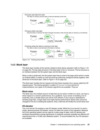 Chapter 1. Understanding the Linux operating system 23
Figure 1-21 Flushing dirty buffers
1.4.3 Block layer
The block layer handles all the activity related to block device operation (refer to Figure 1-18
on page 20). The key data structure in the block layer is the bio structure. The bio structure is
an interface between the file system layer and the block layer.
When a write is performed, the file system layer tries to write to the page cache which is made
up of block buffers. It makes up a bio structure by putting the contiguous blocks together, then
sends bio to the block layer. (refer to Figure 1-18 on page 20)
The block layer handles the bio request and links these requests into a queue called the I/O
request queue. This linking operation is called I/O elevator. In Linux kernel 2.6
implementations, four types of I/O elevator algorithms are available. They are:
Block sizes
The block size, the smallest amount of data that can be read or written to a drive, can have a
direct impact on a server’s performance. As a guideline, if your server is handling a lot of
small files, then a smaller block size will be more efficient. If your server is dedicated to
handling large files, a larger block size might improve performance. Block sizes cannot be
changed on the fly on existing file systems. Only a reformat will modify the current block size.
I/O elevator
The Linux kernel 2.6 employs a new I/O elevator model. While the Linux kernel 2.4 used a
single, general-purpose I/O elevator, kernel 2.6 offers the choice of four elevators. Because
the Linux operating system can be used for a wide range of tasks, both I/O devices and
workload characteristics change significantly. A notebook computer probably has different I/O
requirements than a 10,000 user database system. To accommodate this, four I/O elevators
are available.
Process
Cache
Data
Disk
Data
read
Process
Cache
Disk
Data
write
Data
dirty buffer
•Process read data from disk
The data on memory and the data on disk are identical at this time.
•Process writes new data
Only the data on memory has been changed, the data on disk and the data on memory is not identical.
Process
Cache
Disk
Data
flush
•Flushing writes the data on memory to the disk.
The data on disk is now identical to the data on memory.
Data
•pdflush
•sync()
 