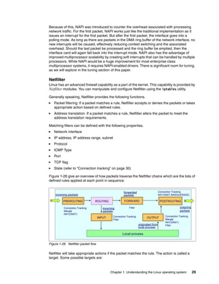 Chapter 1. Understanding the Linux operating system 29
Because of this, NAPI was introduced to counter the overhead associated with processing
network traffic. For the first packet, NAPI works just like the traditional implementation as it
issues an interrupt for the first packet. But after the first packet, the interface goes into a
polling mode. As long as there are packets in the DMA ring buffer of the network interface, no
new interrupts will be caused, effectively reducing context switching and the associated
overhead. Should the last packet be processed and the ring buffer be emptied, then the
interface card will again fall back into the interrupt mode. NAPI also has the advantage of
improved multiprocessor scalability by creating soft interrupts that can be handled by multiple
processors. While NAPI would be a huge improvement for most enterprise class
multiprocessor systems, it requires NAPI-enabled drivers. There is significant room for tuning,
as we will explore in the tuning section of this paper.
Netfilter
Linux has an advanced firewall capability as a part of the kernel. This capability is provided by
Netfilter modules. You can manipulate and configure Netfilter using the iptables utility.
Generally speaking, Netfilter provides the following functions.
򐂰 Packet filtering: If a packet matches a rule, Netfilter accepts or denies the packets or takes
appropriate action based on defined rules.
򐂰 Address translation: If a packet matches a rule, Netfilter alters the packet to meet the
address translation requirements.
Matching filters can be defined with the following properties.
򐂰 Network interface
򐂰 IP address, IP address range, subnet
򐂰 Protocol
򐂰 ICMP Type
򐂰 Port
򐂰 TCP flag
򐂰 State (refer to “Connection tracking” on page 30)
Figure 1-26 give an overview of how packets traverse the Netfilter chains which are the lists of
defined rules applied at each point in sequence.
Figure 1-26 Netfilter packet flow
Netfilter will take appropriate actions if the packet matches the rule. The action is called a
target. Some possible targets are:
PREROUTING
PREROUTING
INPUT
INPUT OUTPUT
OUTPUT
FORWARD
FORWARD POSTROUTING
POSTROUTING
ROUTING
Local process
originated from
local process
incoming
packets
forwarded
packets
Connection Tracking
Mangle
NAT(DNAT)
Filter
Connection Tracking
Filter
Connection Tracking
Mangle
NAT(DNAT)
Filter
Connection Tracking
NAT(SNAT,MASQUERADE)
incoming packets
outgoing
packets
 