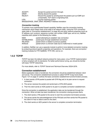 30 Linux Performance and Tuning Guidelines
ACCEPT: Accept the packet and let it through.
DROP: Silently discard the packet.
REJECT: Discard the packet by sending back the packet such as ICMP port
unreachable. TCP reset to originating host.
LOG: Log the matching packet.
MASQUERADE, SNAT, DNAT, REDIRECT:Address translation
Connection tracking
To achieve more sophisticated firewall capability, Netfilter uses the connection tracking
mechanism which keeps track of the state of all network traffic. Using the TCP connection
state (refer to “Connection establishment” on page 30) and other network properties (such as
IP address, port, protocol, sequence number, ack number, ICMP type, and so on), Netfilter
classifies each packet to the following four states.
NEW: packet attempting to establish new connection
ESTABLISHED: packet goes through established connection
RELATED: packet which is related to previous packets
INVALID: packet which is unknown state due to malformed or invalid packet
In addition, Netfilter can use a separate module to perform more detailed connection tracking
by analyzing protocol specific properties and operations. For example, there are connection
tracking modules for FTP, NetBIOS, TFTP, IRC, and so on.
1.5.2 TCP/IP
TCP/IP has been the default network protocol for many years. Linux TCP/IP implementation
is fairly compliant with its standards. For better performance tuning, you should be familiar
with basic TCP/IP networking.
For more details, refer to TCP/IP Tutorial and Technical Overview, GG24-3376.
Connection establishment
Before application data is transferred, the connection should be established between client
and server. The connection establishment process is called TCP/IP 3-way hand shake.
Figure 1-27 on page 31 outlines the basic connection establishment and termination process.
1. A client sends a SYN packet (a packet with SYN flag set) to its peer server to request
connection.
2. The server receives the packet and sends back a SYN+ACK packet.
3. Then the client sends an ACK packet to its peer to complete connection establishment.
Once the connection is established, the application data can be transferred through the
connection. When all data has been transferred, the connection closing process starts.
1. The client sends a FIN packet to the server to start the connection termination process.
2. The server sends the acknowledgement of the FIN back and then sends the FIN packet to
the client if it has no data to send to the client.
3. The client sends an ACK packet to the server to complete connection termination.
 