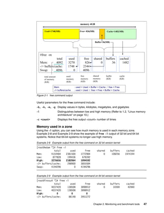 Chapter 2. Monitoring and benchmark tools 47
Figure 2-1 free command output
Useful parameters for the free command include:
-b, -k, -m, -g Display values in bytes, kilobytes, megabytes, and gigabytes
-l Distinguishes between low and high memory (Refer to 1.2, “Linux memory
architecture” on page 10.)
-c <count> Displays the free output <count> number of times
Memory used in a zone
Using the -l option, you can see how much memory is used in each memory zone.
Example 2-8 and Example 2-9 show the example of free -l output of 32 bit and 64 bit
systems. Notice that 64-bit systems no longer use high memory.
Example 2-8 Example output from the free command on 32 bit version kernel
[root@edam ~]# free -l
total used free shared buffers cached
Mem: 4154484 2381500 1772984 0 108256 1974344
Low: 877828 199436 678392
High: 3276656 2182064 1094592
-/+ buffers/cache: 298900 3855584
Swap: 4194296 0 4194296
Example 2-9 Example output from the free command on 64 bit version kernel
[root@lnxsu4 ~]# free -l
total used free shared buffers cached
Mem: 4037420 138508 3898912 0 10300 42060
Low: 4037420 138508 3898912
High: 0 0 0
-/+ buffers/cache: 86148 3951272
#free -m
total used free shared buffers cached
Mem: 4092 3270 826 0 36 1482
-/+ buffers/cache: 1748 2344
Swap: 4096 0 4096
free
memory
(KB)
used
memory
(KB)
shared
memory
(KB)
buffer
(KB)
cache
(KB)
Free= 826(MB)
Buffer=36(MB)
Cache=1482(MB)
Used=1748(MB)
memory 4GB
Free= 826(MB)
Buffer=36(MB)
Cache=1482(MB)
Used=1748(MB)
memory 4GB
total amount
of memory
(KB)
Mem : used = Used + Buffer + Cache / free = Free
-/+ buffers/cache : used = Used / free = Free + Buffer + Cache
 