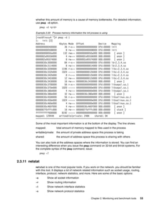 Chapter 2. Monitoring and benchmark tools 53
whether this amount of memory is a cause of memory bottlenecks. For detailed information,
use pmap -d option.
pmap -d <pid>
Example 2-20 Process memory information the init process is using
[root@lnxsu4 ~]# pmap -d 1
1: init [3]
Address Kbytes Mode Offset Device Mapping
0000000000400000 36 r-x-- 0000000000000000 0fd:00000 init
0000000000508000 8 rw--- 0000000000008000 0fd:00000 init
000000000050a000 132 rwx-- 000000000050a000 000:00000 [ anon ]
0000002a95556000 4 rw--- 0000002a95556000 000:00000 [ anon ]
0000002a95574000 8 rw--- 0000002a95574000 000:00000 [ anon ]
00000030c3000000 84 r-x-- 0000000000000000 0fd:00000 ld-2.3.4.so
00000030c3114000 8 rw--- 0000000000014000 0fd:00000 ld-2.3.4.so
00000030c3200000 1196 r-x-- 0000000000000000 0fd:00000 libc-2.3.4.so
00000030c332b000 1024 ----- 000000000012b000 0fd:00000 libc-2.3.4.so
00000030c342b000 8 r---- 000000000012b000 0fd:00000 libc-2.3.4.so
00000030c342d000 12 rw--- 000000000012d000 0fd:00000 libc-2.3.4.so
00000030c3430000 16 rw--- 00000030c3430000 000:00000 [ anon ]
00000030c3700000 56 r-x-- 0000000000000000 0fd:00000 libsepol.so.1
00000030c370e000 1020 ----- 000000000000e000 0fd:00000 libsepol.so.1
00000030c380d000 4 rw--- 000000000000d000 0fd:00000 libsepol.so.1
00000030c380e000 32 rw--- 00000030c380e000 000:00000 [ anon ]
00000030c4500000 56 r-x-- 0000000000000000 0fd:00000 libselinux.so.1
00000030c450e000 1024 ----- 000000000000e000 0fd:00000 libselinux.so.1
00000030c460e000 4 rw--- 000000000000e000 0fd:00000 libselinux.so.1
00000030c460f000 4 rw--- 00000030c460f000 000:00000 [ anon ]
0000007fbfffc000 16 rw--- 0000007fbfffc000 000:00000 [ stack ]
ffffffffff600000 8192 ----- 0000000000000000 000:00000 [ anon ]
mapped: 12944K writeable/private: 248K shared: 0K
Some of the most important information is at the bottom of the display. The line shows:
mapped: total amount of memory mapped to files used in the process
writable/private: the amount of private address space this process is taking
shared: the amount of address space this process is sharing with others
You can also look at the address spaces where the information is stored. You can find an
interesting difference when you issue the pmap command on 32-bit and 64-bit systems. For
the complete syntax of the pmap command, issue:
pmap -?
2.3.11 netstat
netstat is one of the most popular tools. If you work on the network. you should be familiar
with this tool. It displays a lot of network related information such as socket usage, routing,
interface, protocol, network statistics, and more. Here are some of the basic options:
-a Show all socket information
-r Show routing information
-i Show network interface statistics
-s Show network protocol statistics
 