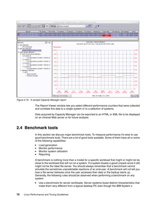 70 Linux Performance and Tuning Guidelines
Figure 2-16 A sample Capacity Manager report
The Report Viewer window lets you select different performance counters that were collected
and correlate this data to a single system or to a selection of systems.
Data acquired by Capacity Manager can be exported to an HTML or XML file to be displayed
on an intranet Web server or for future analysis.
2.4 Benchmark tools
In this section we discuss major benchmark tools. To measure performance it’s wise to use
good benchmark tools. There are a lot of good tools available. Some of them have all or some
of the following capabilities:
򐂰 Load generation
򐂰 Monitor performance
򐂰 Monitor system utilization
򐂰 Reporting
A benchmark is nothing more than a model for a specific workload that might or might not be
close to the workload that will run on a system. If a system boasts a good Linpack score it still
might not be the ideal file server. You should always remember that a benchmark cannot
simulate the sometimes unpredictable reactions of an end-user. A benchmark will not tell you
how a file server behaves once the user accesses their data or the backup starts up.
Generally, the following rules should be observed when performing a benchmark on any
system:
򐂰 Use a benchmark for server workloads: Server systems boast distinct characteristics that
make them very different from a typical desktop PC even though the IBM System x
 